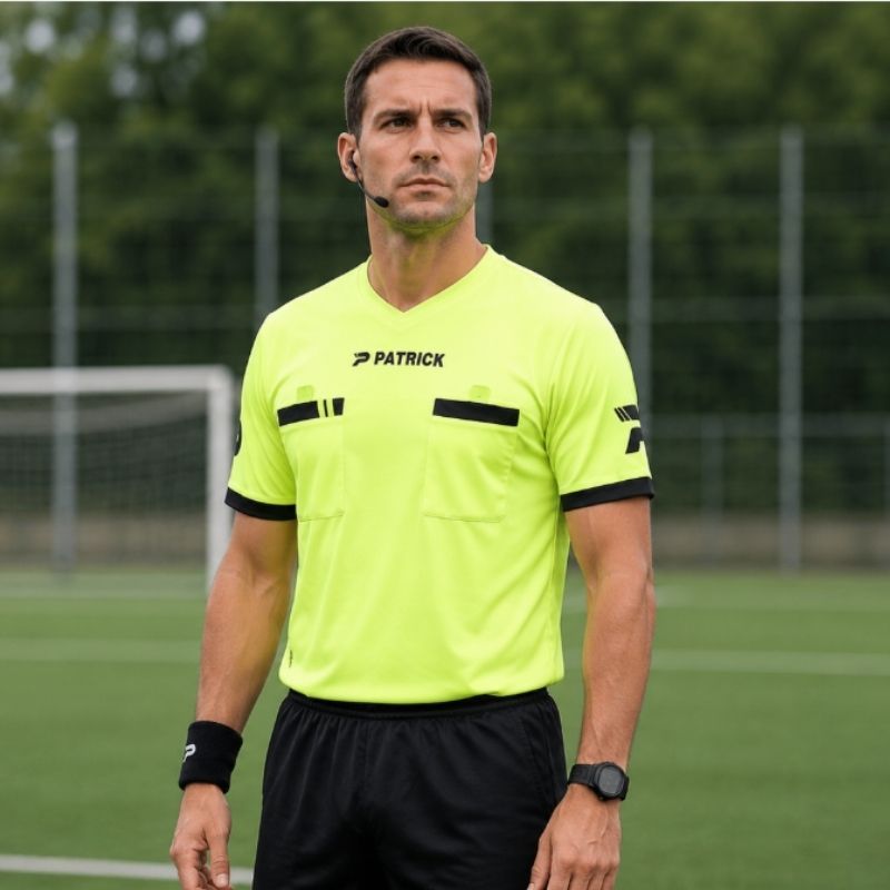 Árbitro de fútbol con camiseta arbitral